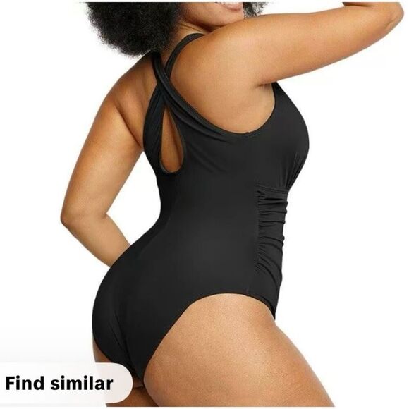 Shapellx Sculpt Ruched Plunge Shaping Tummy Control Swimsuit Black - Picture 3 of 7